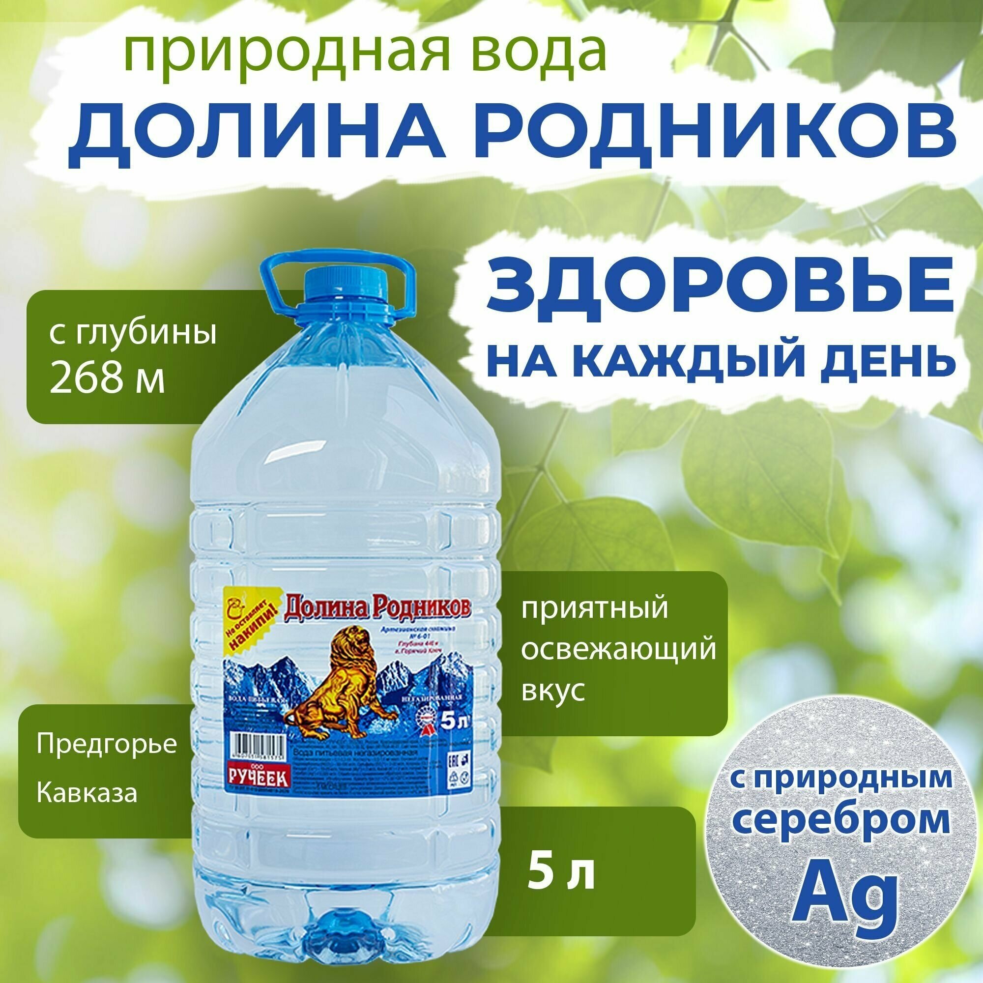 Вода Долина Родников с серебром. Объем 5л. Ручеек, негазированная, Вода минеральная питьевая природная лечебная, выводит токсины, для детей родителей - фотография № 1