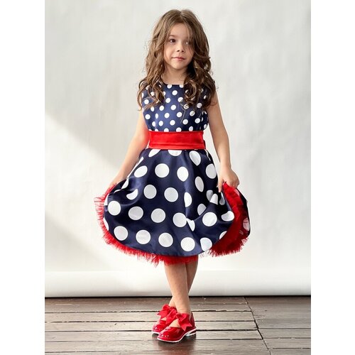 Платье для девочки нарядное Бушон ST21, стиляги цвет темно-синий, красный пояс, размер 122-128