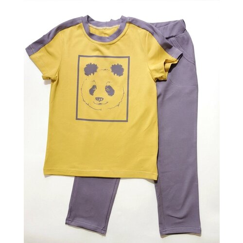 Комплект одежды   детский, футболка и брюки, повседневный стиль, пояс на резинке, размер 110, серый, горчичный