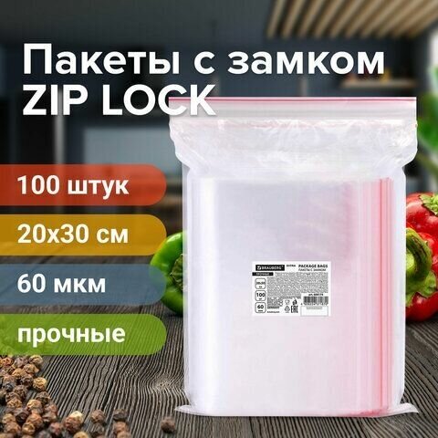 Пакеты ZIP LOCK "зиплок" прочные, комплект 100 шт, 200х300 мм, ПВД, 60 мкм, BRAUBERG EXTRA, 608174