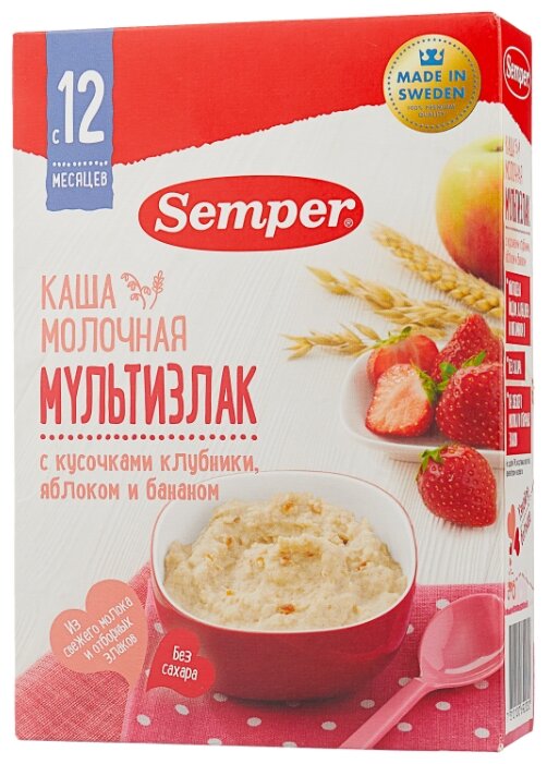 Semper молочная мультизлак с кусочками клубники, яблоком и бананом (с 12 месяцев) 200 г