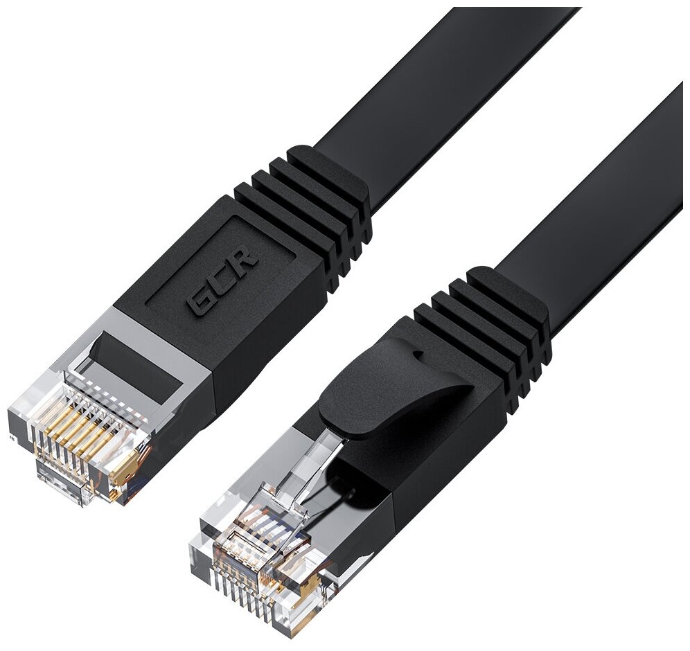 GCR Патч-корд PROF плоский прямой 10.0m UTP медь кат.6 черный 30 AWG ethernet high speed 10 Гбит/с RJ45 T568B GCR-52853