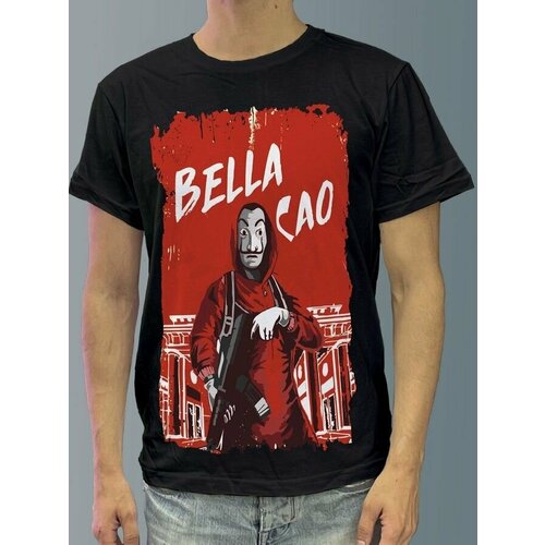 фото Футболка мужская черная из хлопка с dtf рисунком бумажный дом - 3910 будь на стиле