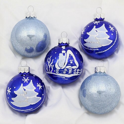 Изображение товара Набор стеклянных елочных шаров Морозко 6 см, 5 шт, синий, Фабрика Елочка, С196-син