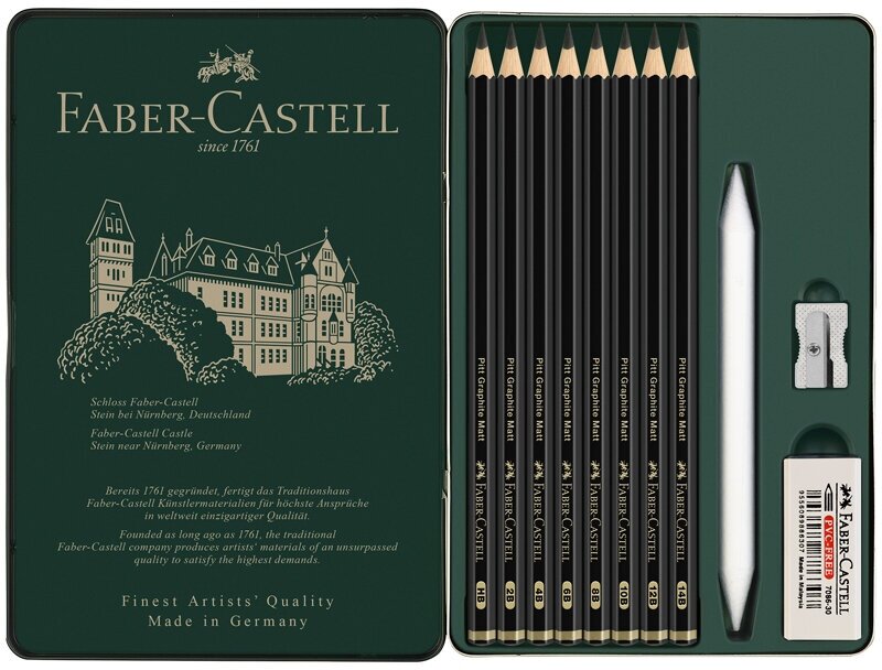 Набор карандашей ч/г матовых Faber-Castell "Pitt Graphite Matt" HB, 2B, 4B, 6B, 8B, 10B, 12B, 14B, заточ, ластик, метал. точилка, растушевка, метал. кор