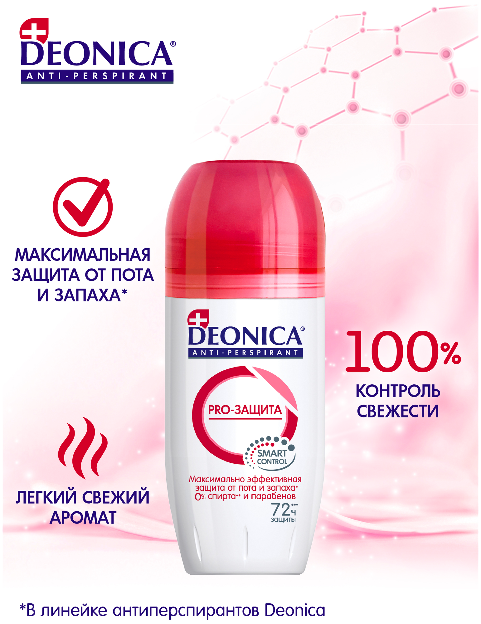 Дезодорант женский антиперспирант Deonica "Pro-защита". Ролик, 50 мл. До 72 часов свежести.