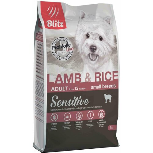 Корм сухой BLITZ Sensitive Adult Dog Small Breeds 7 кг для взрослых собак мелких пород (ягненок и рис) сухой корм trainer natural small and toy для взрослых собак мелких и миниатюрных пород с курицей и рисом 800 грамм