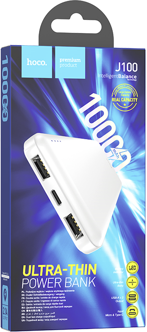 Внешний аккумулятор 10000mAh 2USB 2.1A с LED-индикатором Hoco J100 High-ranking White