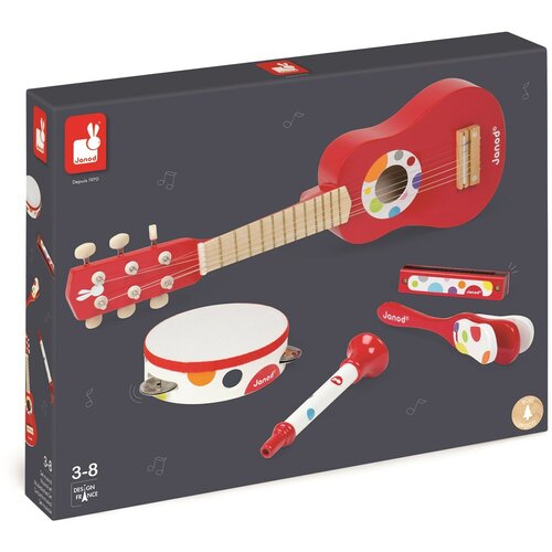 Набор музыкальных инструментов Janod, красный: гитара, бубен, губная гармошка, дудочка, трещетка