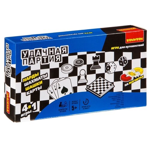 Удачная партия Бондибон BOX 4 в 1 шашки, шахматы, нарды, карты арт. 9841