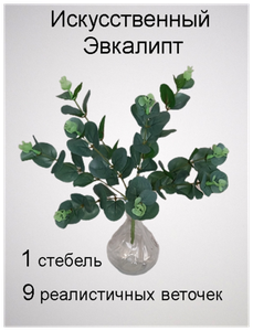 <b>Искусственный</b> эвкалипт 34 см. 1 куста на 9 ветвей Декоративные цветочки - красивый комнатный декор. 