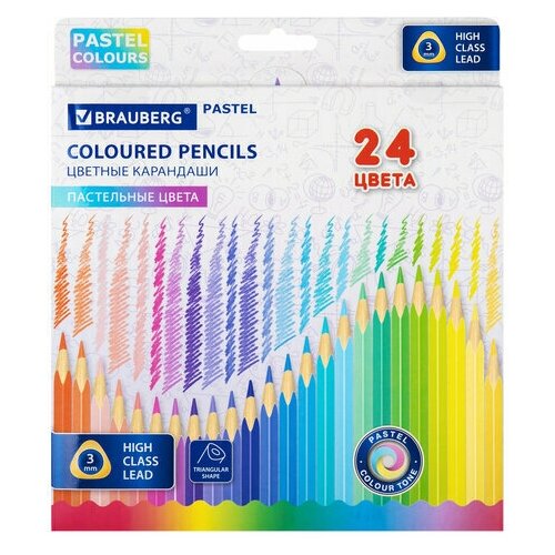 Карандаши цветные BRAUBERG PASTEL 24 пастельных цвета трёхгранные грифель 3 мм, 2 шт терморегулятор aura ronda 1603 blue pastel пастельный голубой