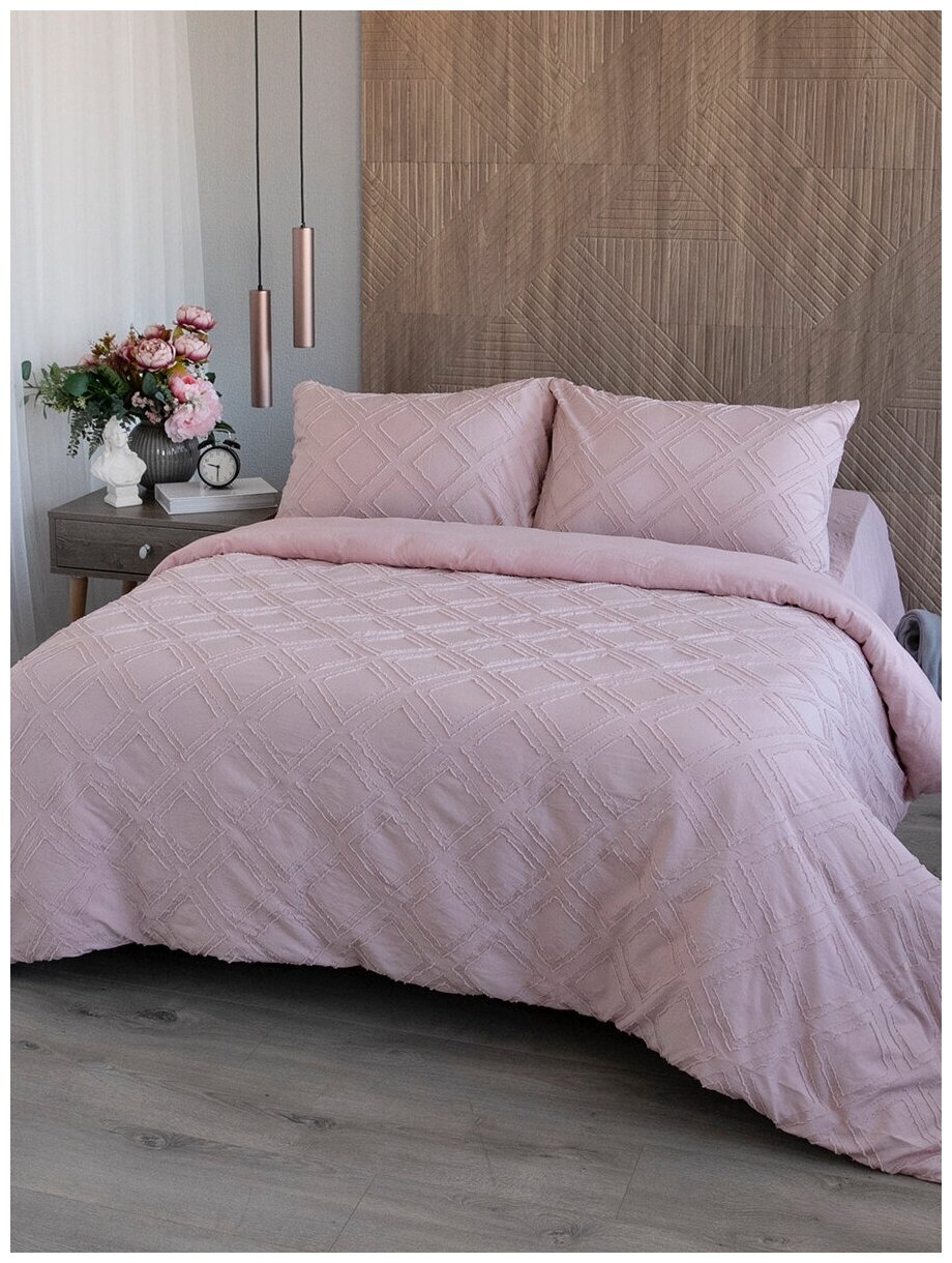 Постельное белье 2 спальное комплект с евро простыней 210Х230см, жатка, полисатин, жаккард "Квадрат", пыльная роза