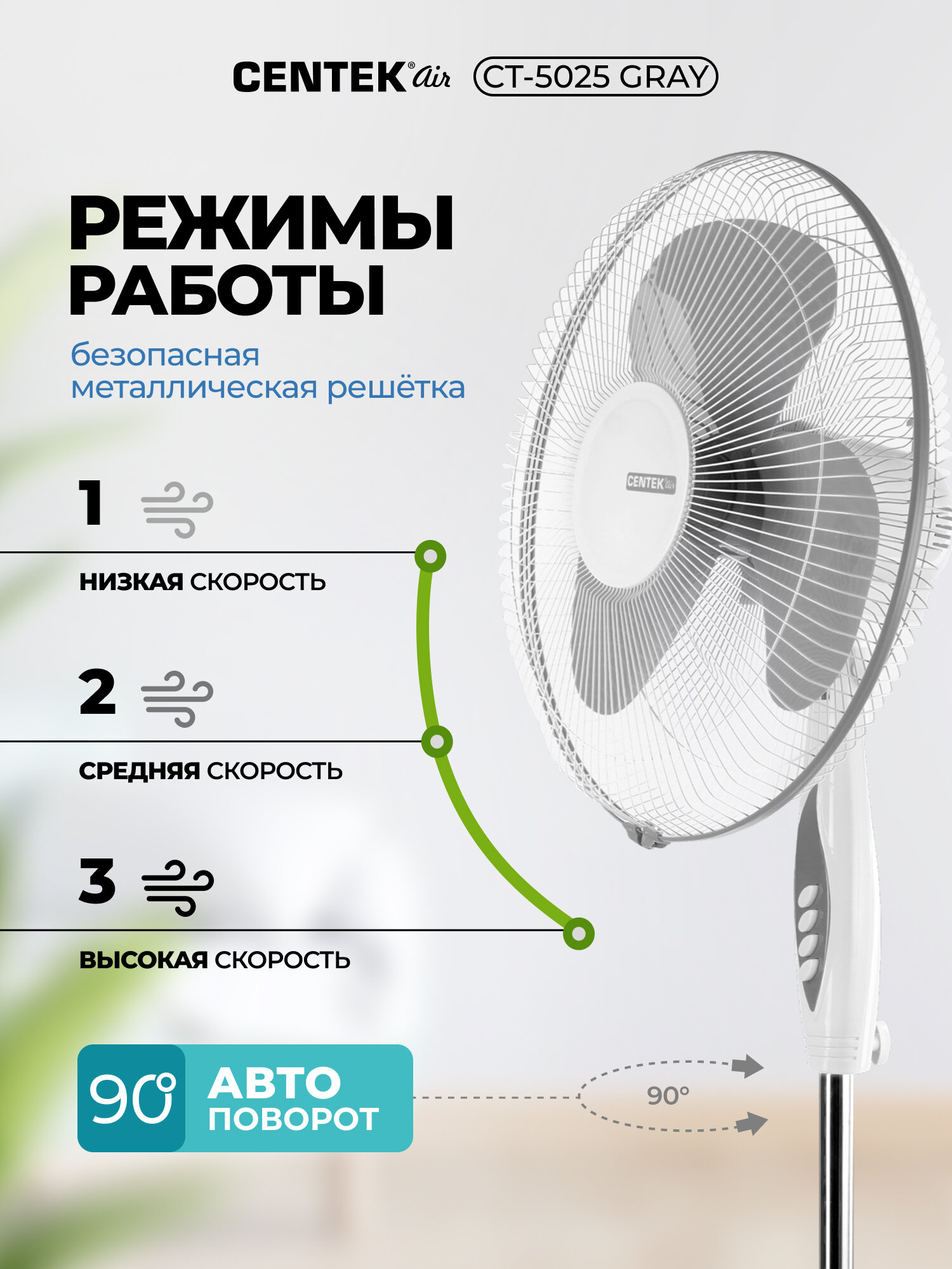 Вентилятор напольный CENTEK CT-5025 Gray/40Вт/d-43см/1.25м/3 скорости/автоповорот — фото 1