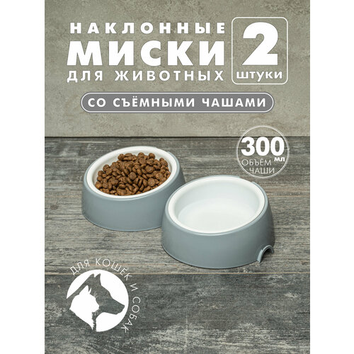Миска для кошек и собак Альтернатива, двойная, с наклоном и съемной чашей, серая