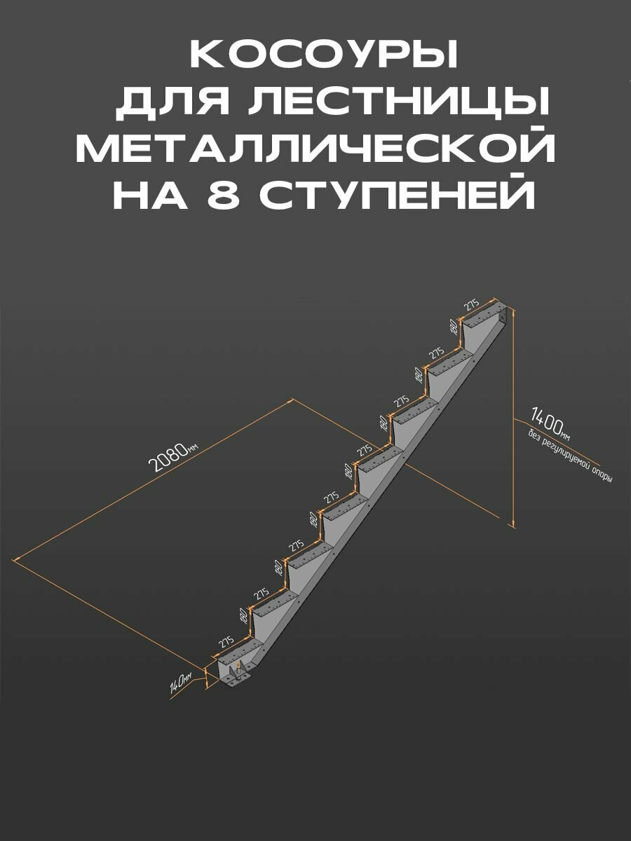 Косоур правый для лестницы металл. на 8 ступеней, чёрный