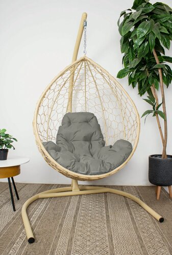 Изображение товара Подвесное кресло капля, с ротангом бежевое, серая подушка