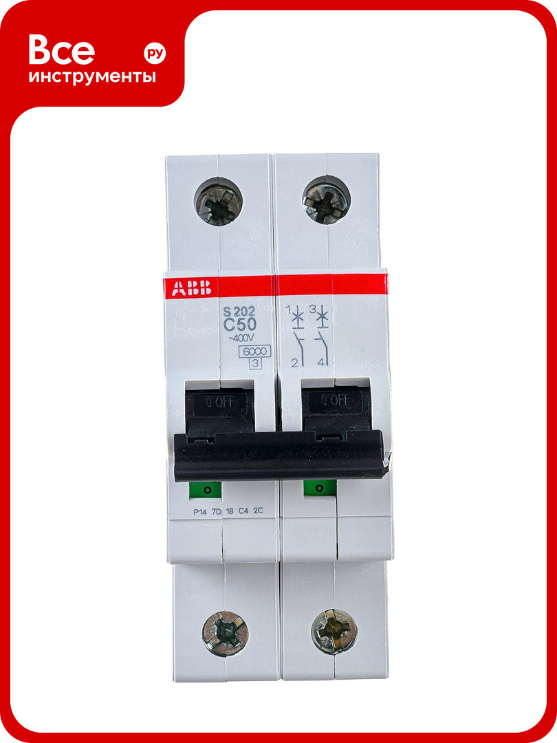 Автоматический модульный выключатель ABB 2п C S202 6кА 50А 2CDS252001R0504