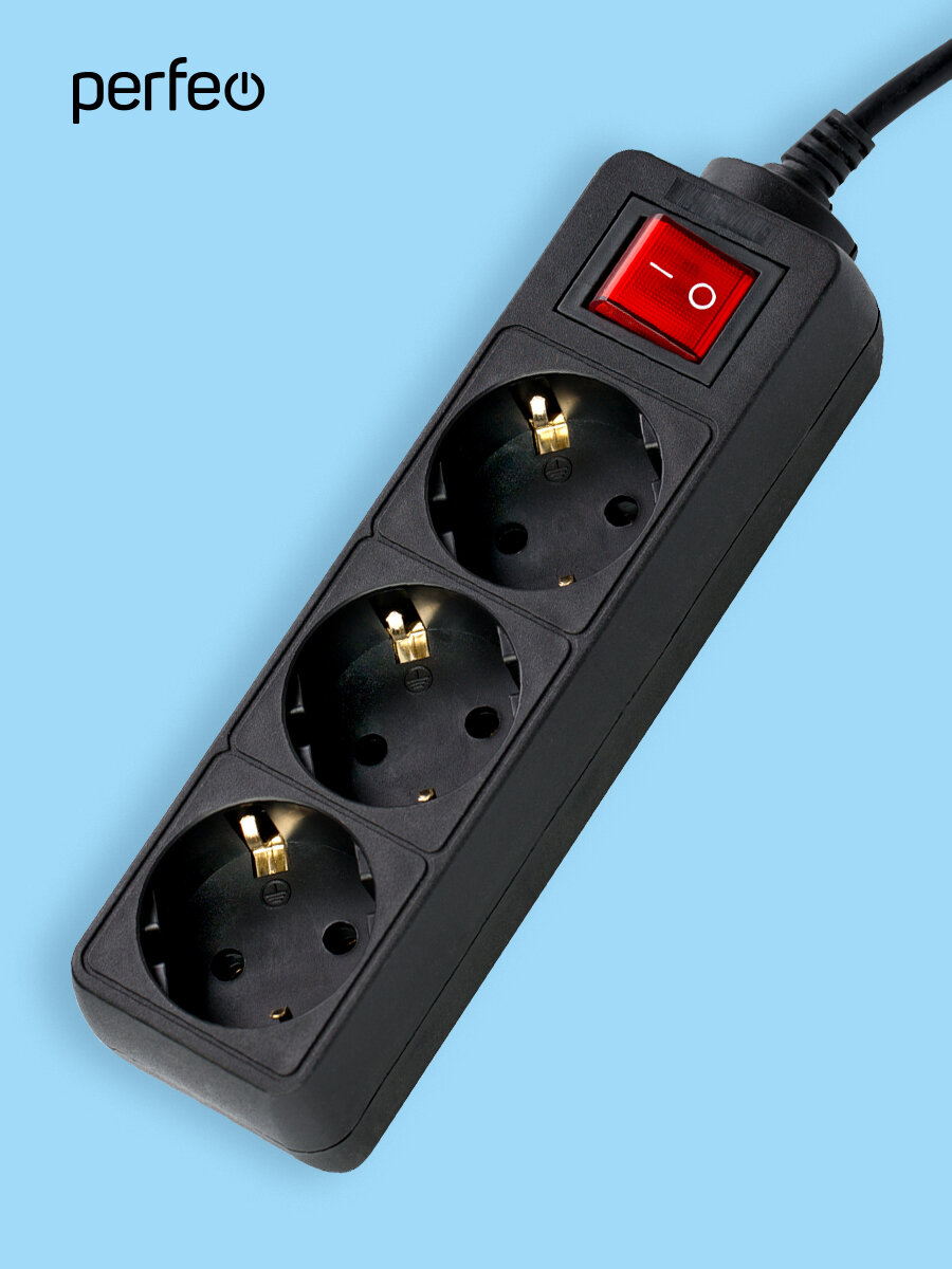 Сетевой удлинитель с кнопкой Perfeo POWERMATE 5,0м, 3 розетки, черный — фото 1