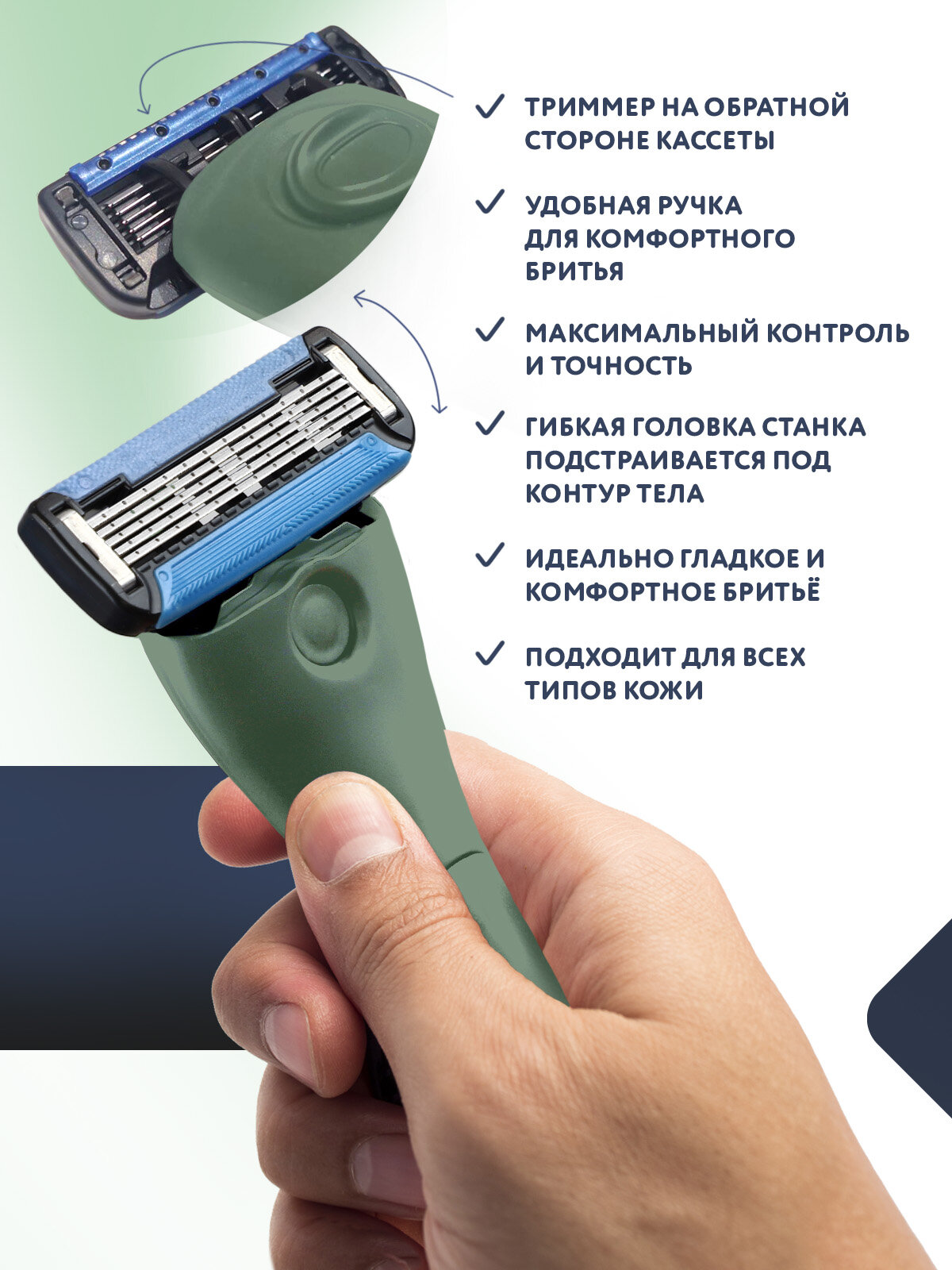 Бритва мужская 5 лезвий BRITTERRA FOR MEN GREEN SET, набор: станок для бритья мужской, 2 сменные кассеты, держатель настенный, чехол для хранения — фото 1