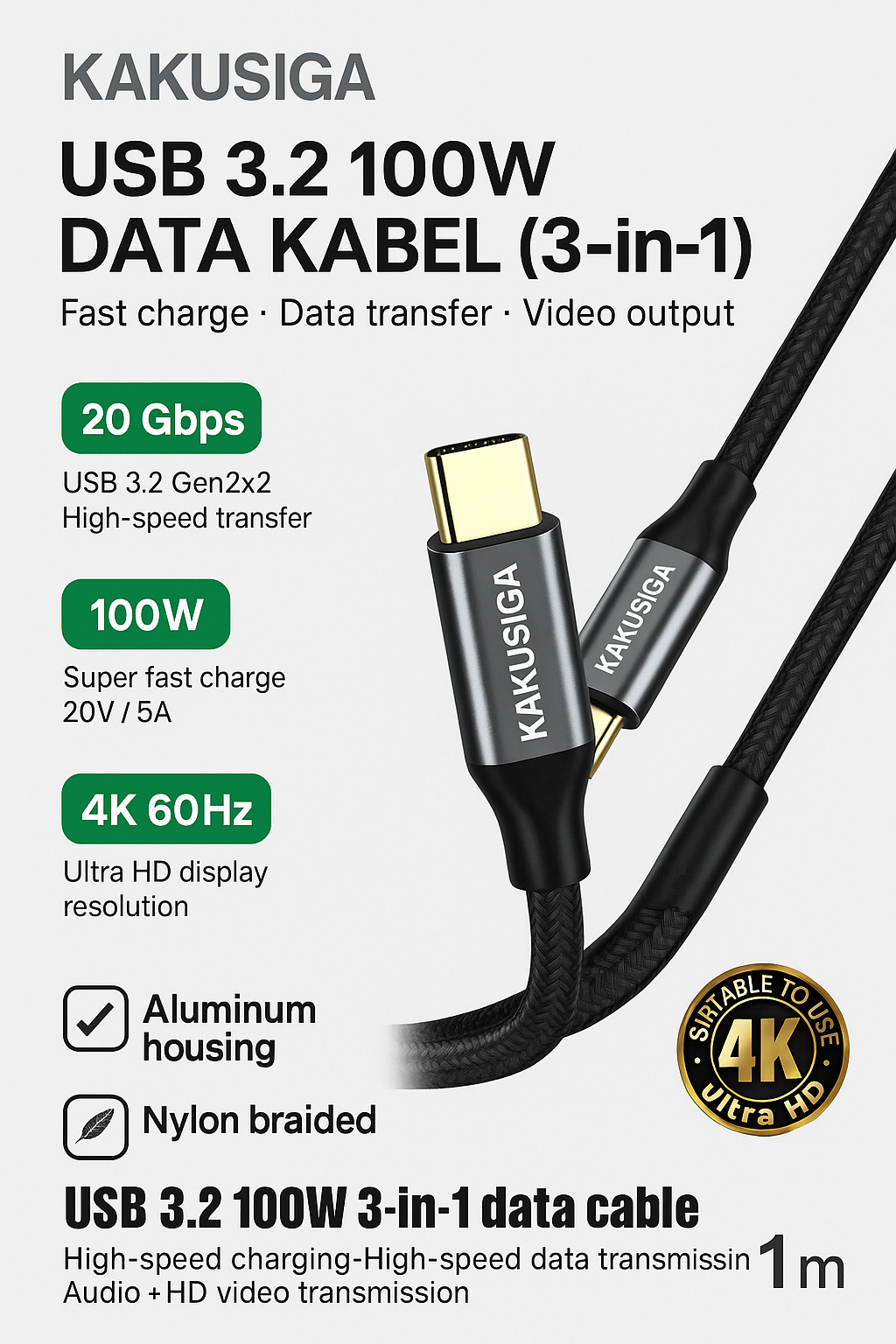 Kakusiga USB 3.2 100 Вт Кабель для передачи данных Тип-C - Тип-C Кабель 1м (3-в-1)