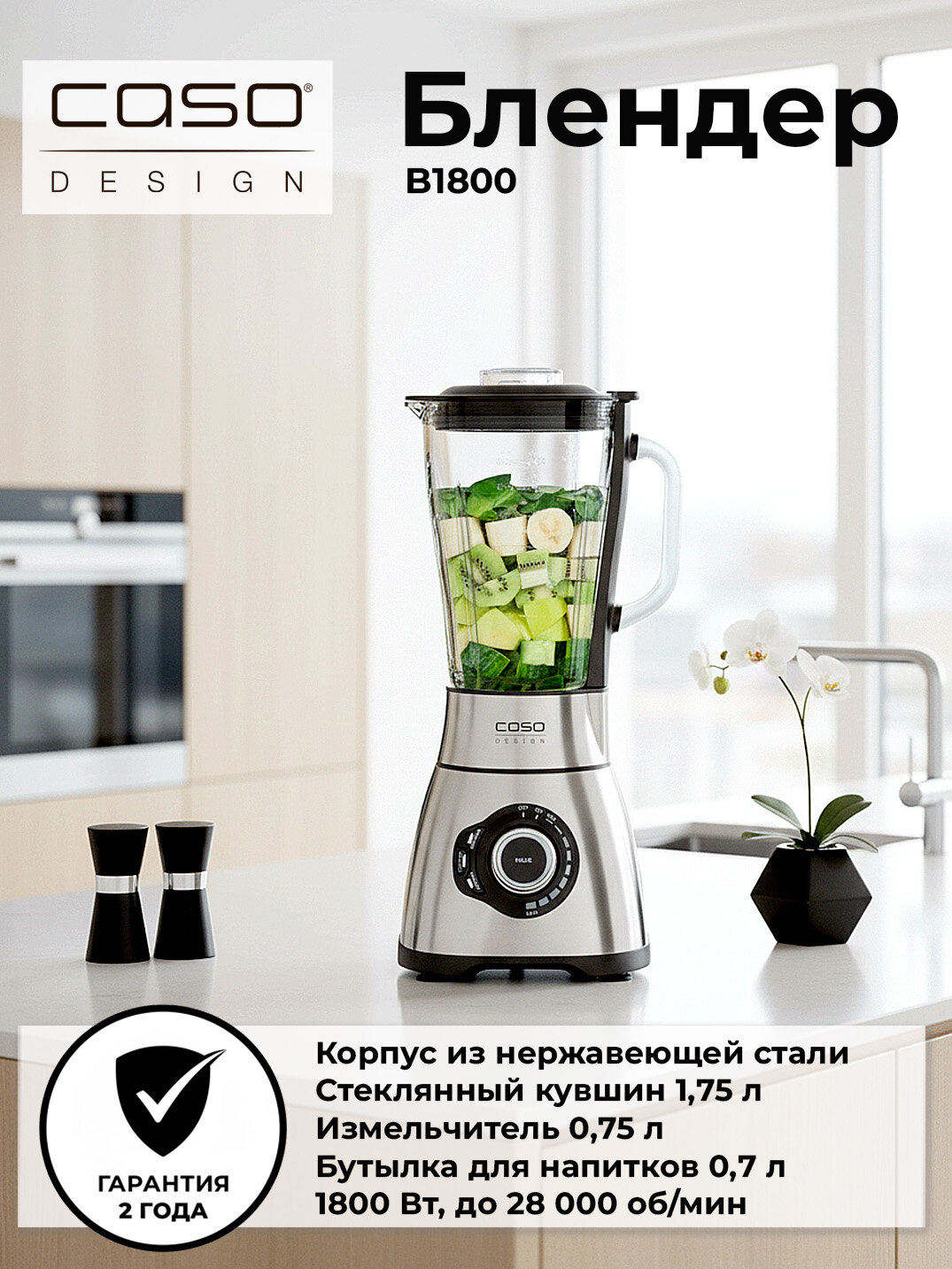 Блендер Caso B1800, стационарный, серебристый, 1800Вт, защита от перегрузки