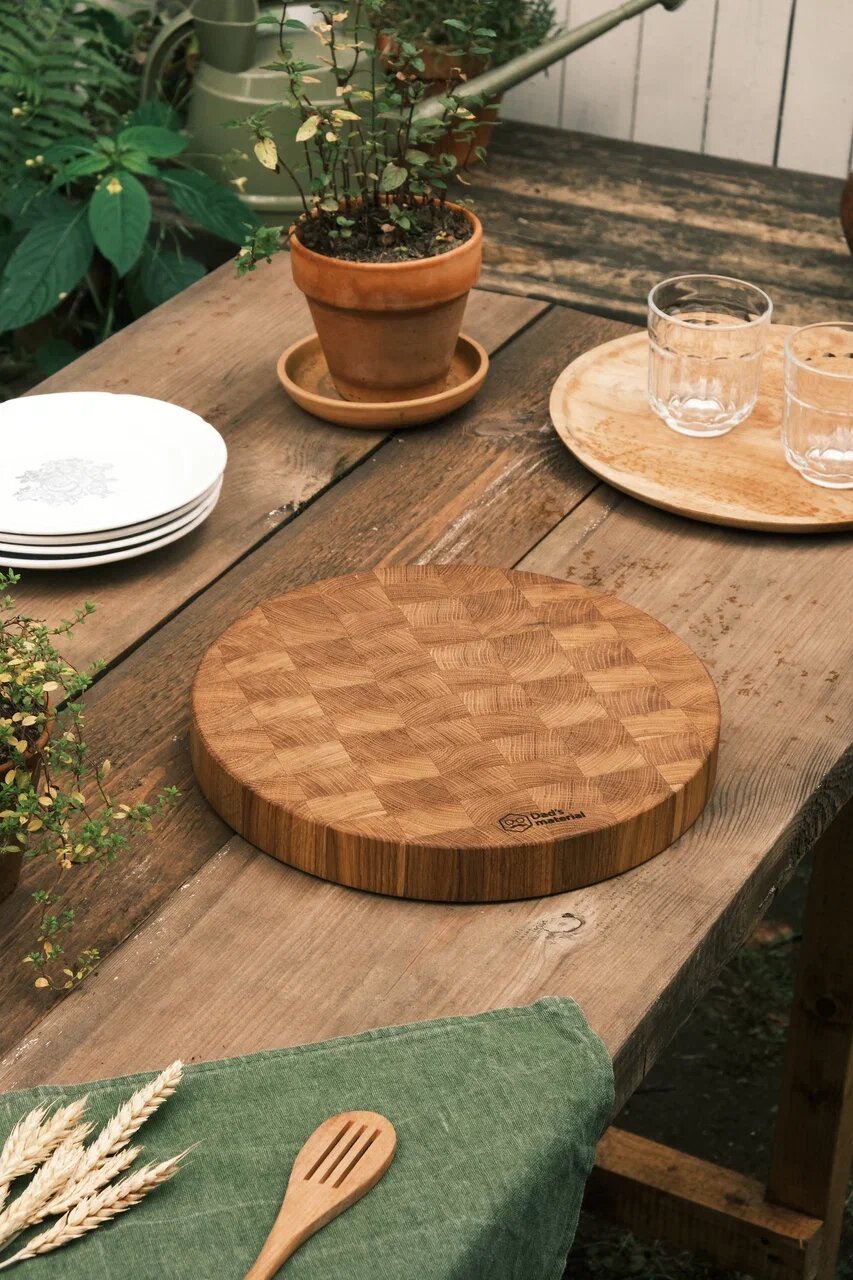 Торцевая разделочная доска круглая Dad's material, дерево, ручная работа, двустороняя, 30x30х3.7см