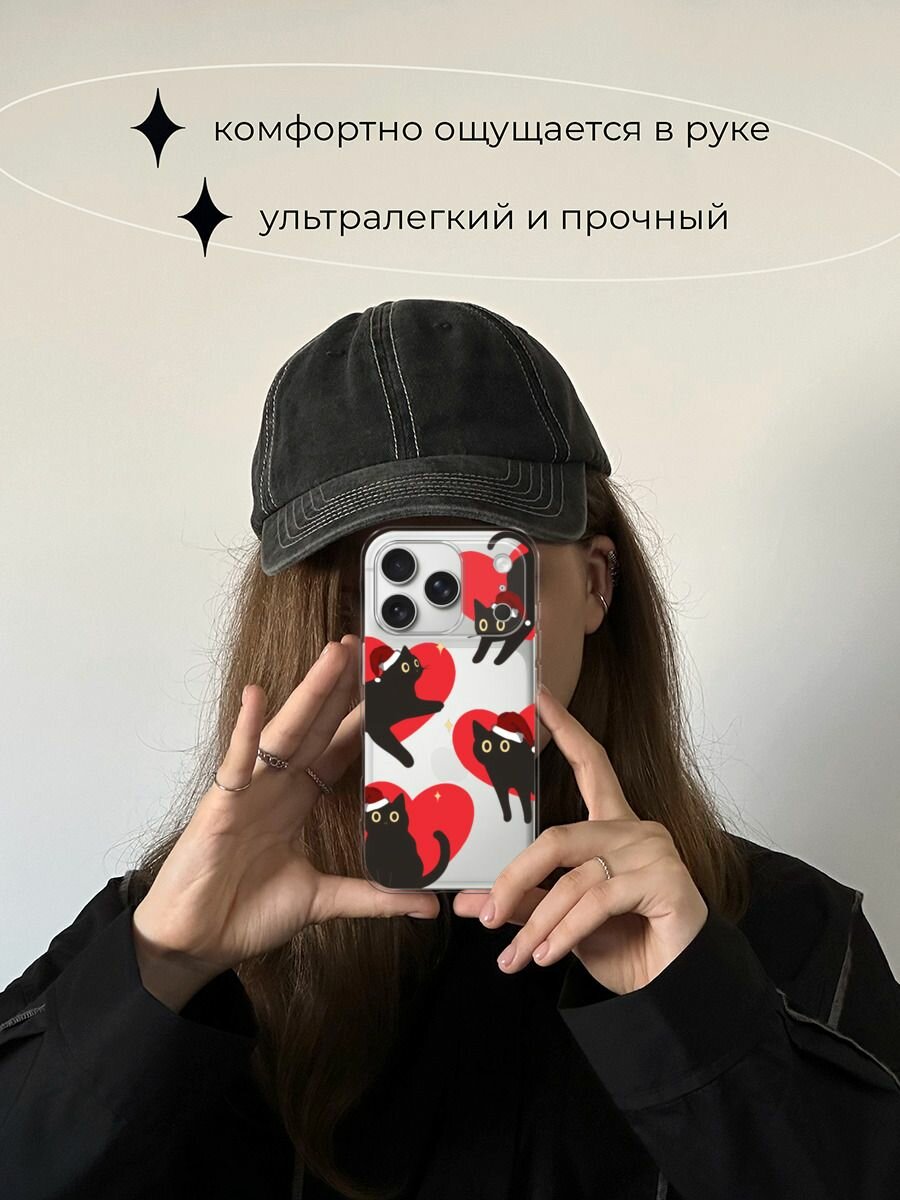 Чехол на Apple iPhone 17 Pro Max / Айфон 17 Про Макс с принтом "Новогодние котики в сердечках", прозрачный — фото 1