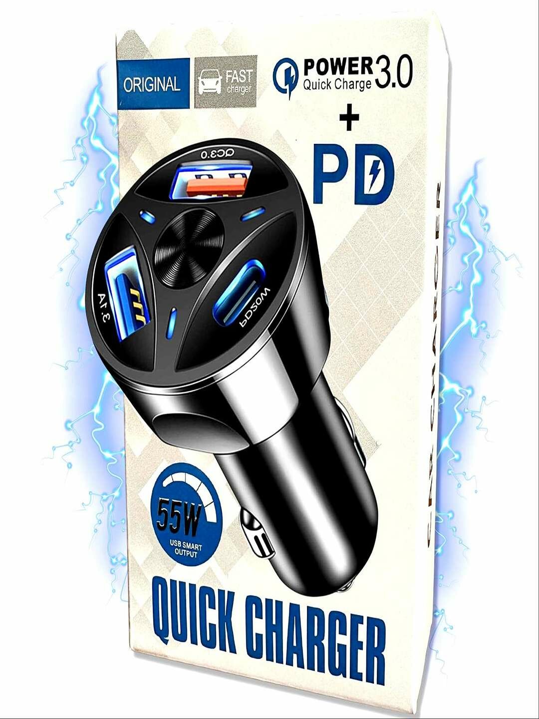 Зарядка в прикуриватель автомобиля, Type - C и USB - порт, с светодиодной подсветкой, 55 Вт.