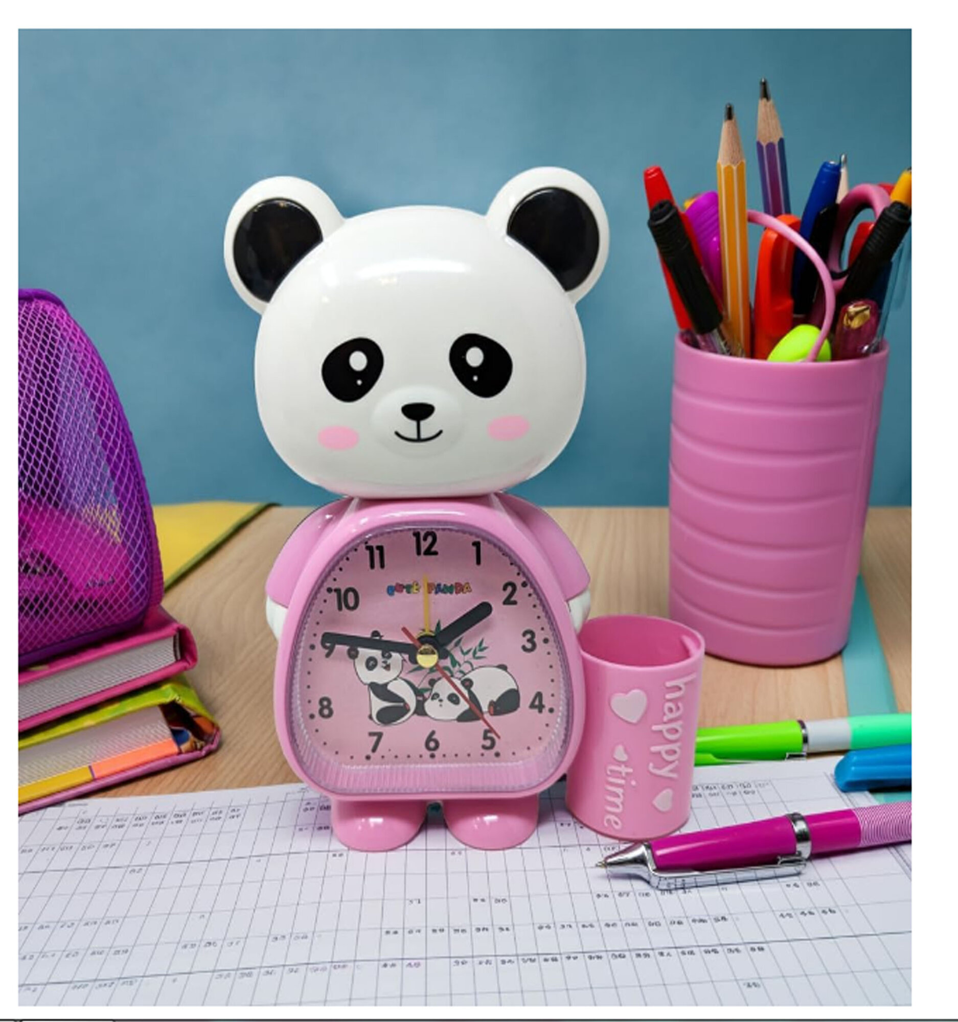 Часы будильник Панда с органайзером розовый яркий дизайн хит сезона