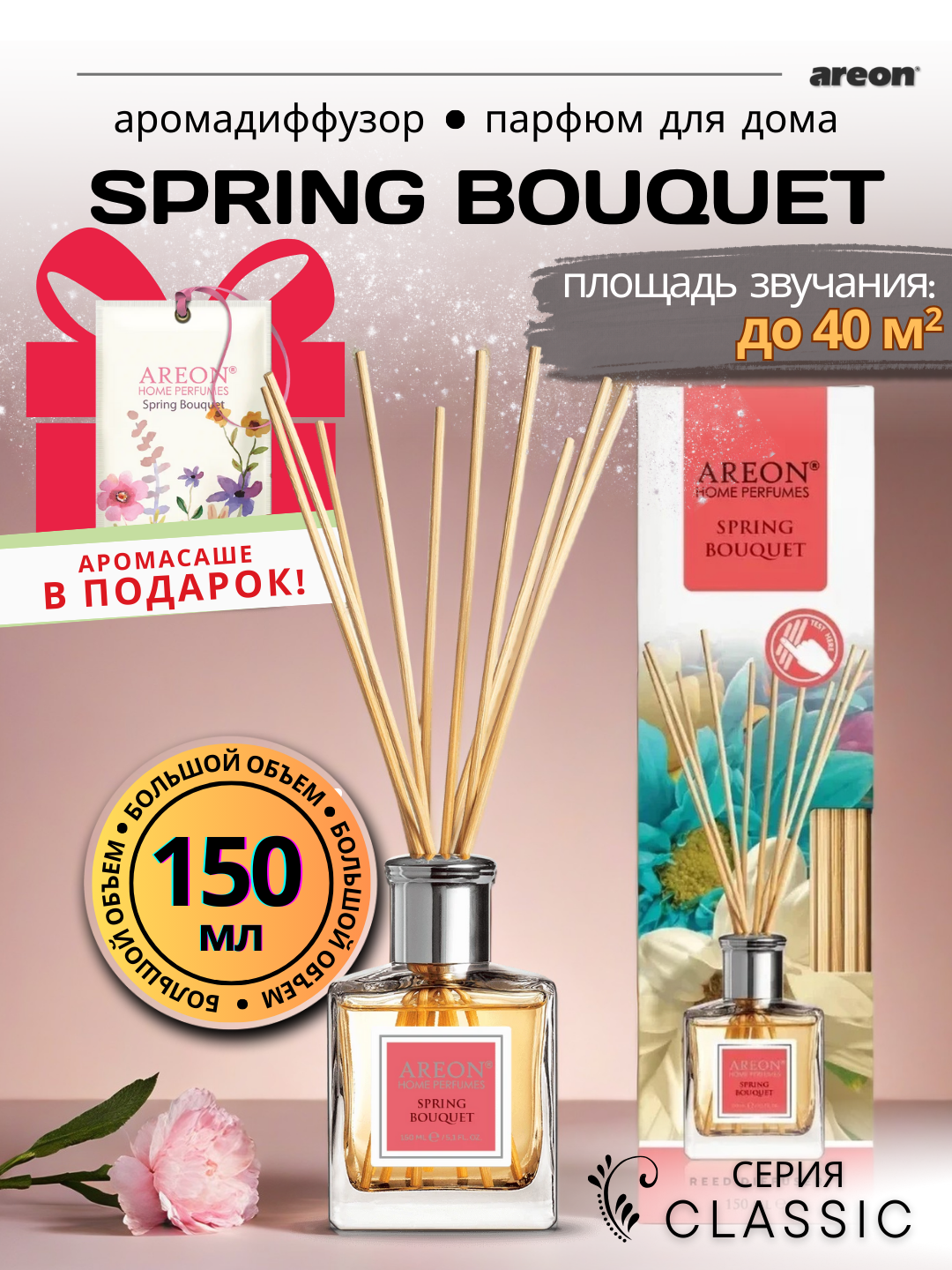 Ароматический диффузор для дома Areon Classic, аромат Spring Bouquet, 150 мл + аромасаше в подарок