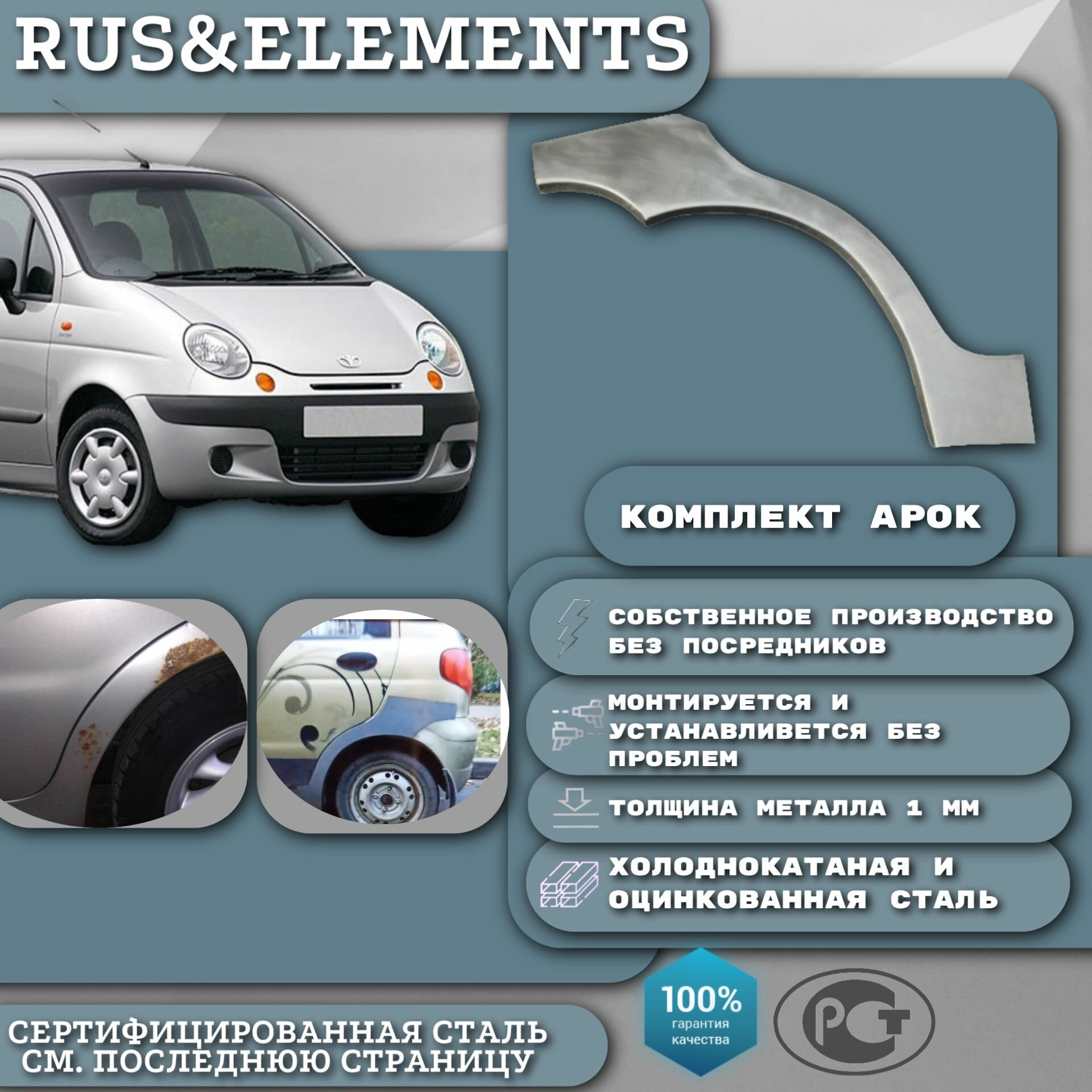 Комплект ремонтных арок для автомобиля Daewoo Matiz (Дэу Матиз) 1998-2015 г. в. Оцинкованная сталь 1 мм