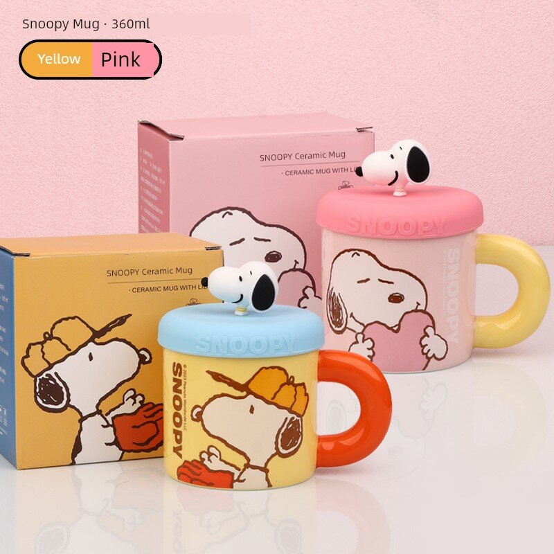 Комплект керамических кружек Snoopy, 360 мл, два предмета, желтый и розовый цвета с крышками