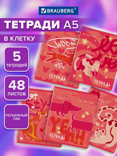 Изображение товара Тетрадь А5 в клетку 48 листов для записей в школу и офис, набор 5 штук, обложка twin лак, Brauberg Pink Mood, 404930