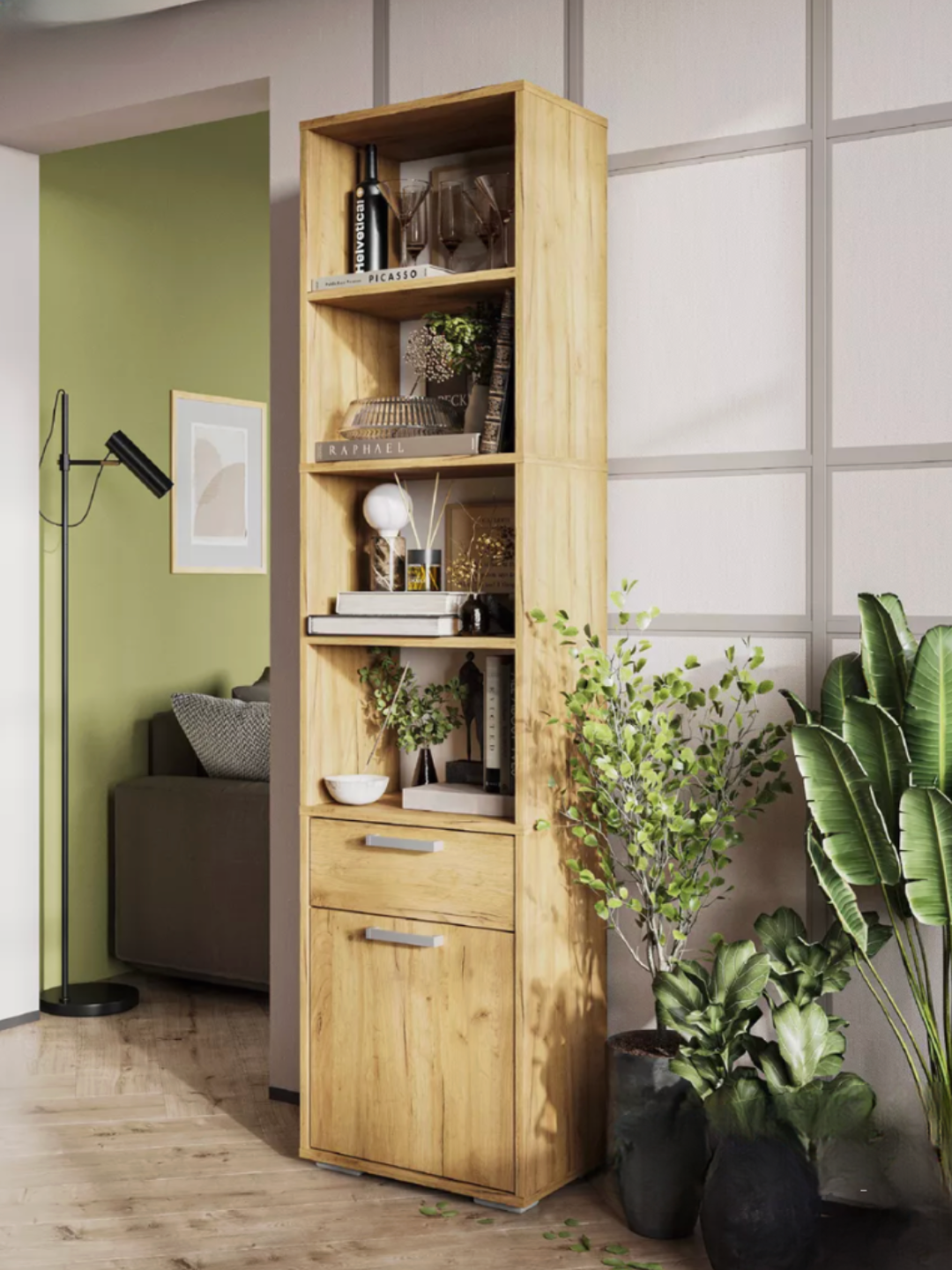 Высокий стеллаж с полками и шкафчиком для хранения детских вещей и игрушек