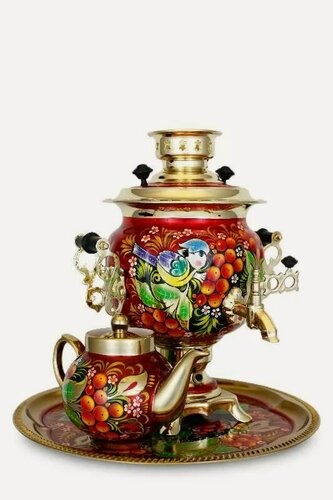 Изображение товара Набор самовар электрический 3 литра Птица в рябине на бордовом фоне с автоматическим отключением при закипании