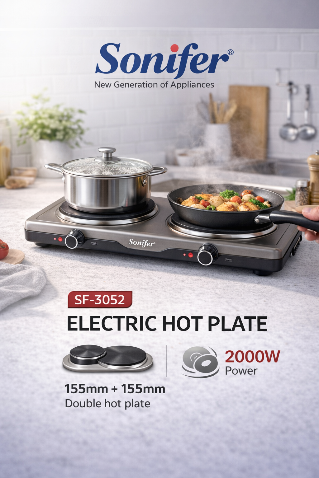 Электрическая плита Sonifer SF-3052, 2 конфорки, нержавеющая сталь, Кухонная электрическая плита