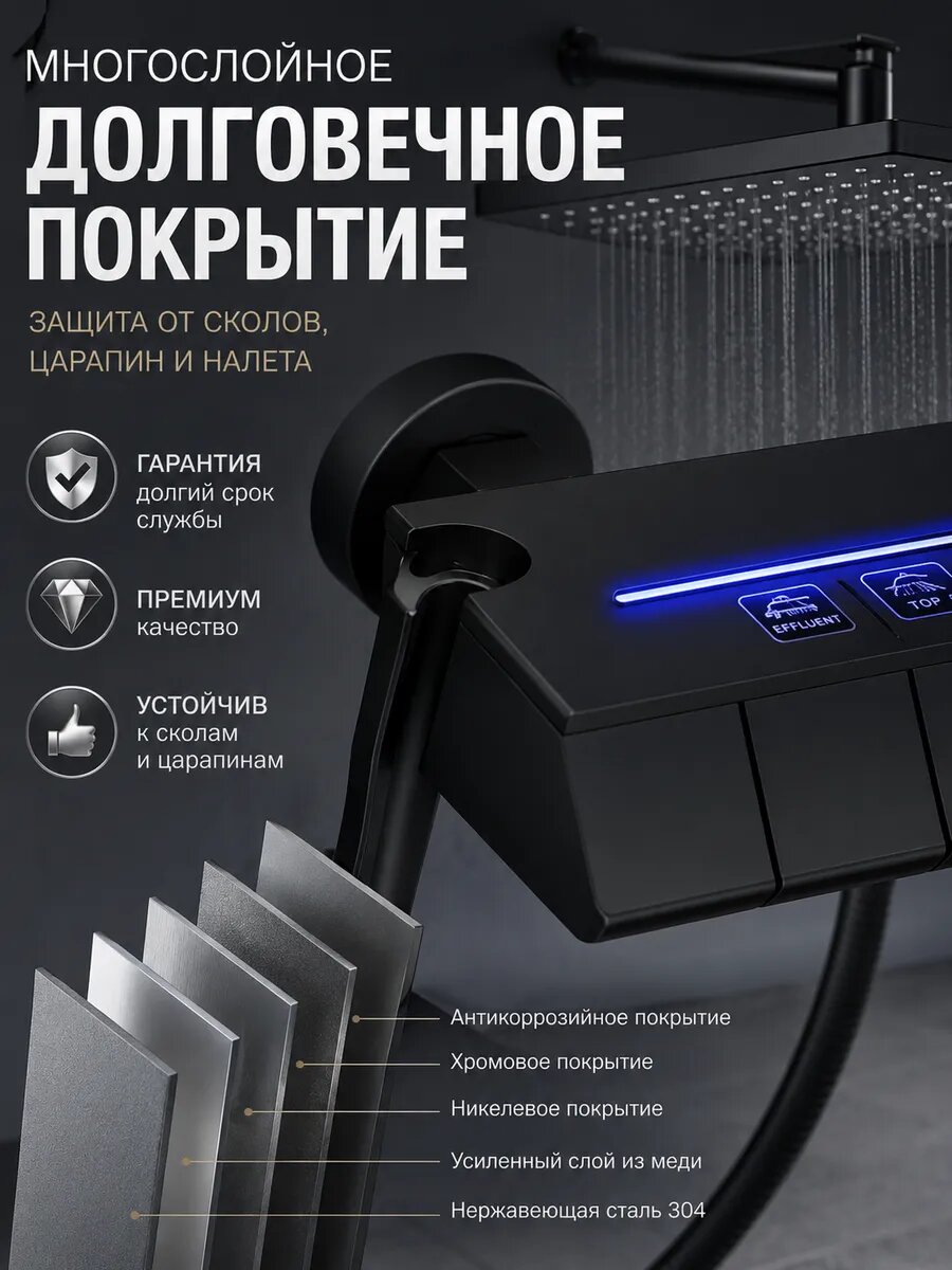 Душевая система ArLux, с тропическим душем, чёрный матовый, хромированное покрытие — фото 1