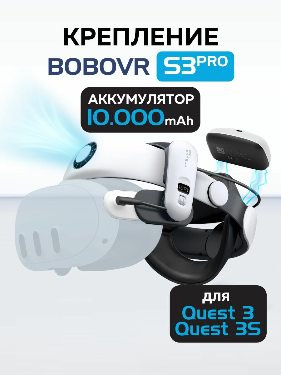 BoboVR S3 Pro крепление Oculus Quest 3 и 3S аксессуары с аккумулятором 10000 mAh и вентиляцией