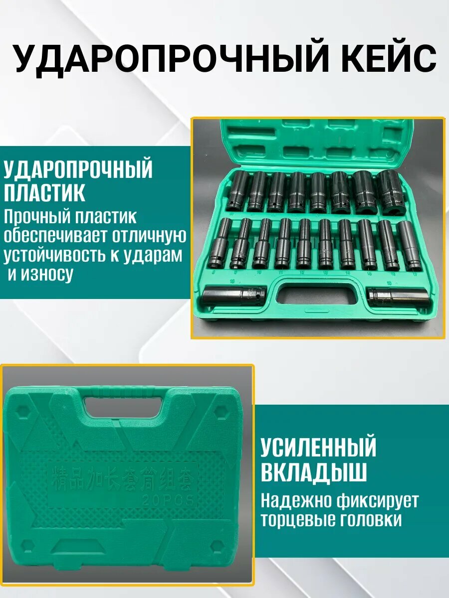 Набор ударных головок Best Room 20 шт. в кейсе - профессиональный инструмент для гайковерта — фото 1