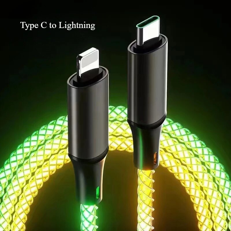 RGB 66W Тип C Кабель 6A Быстрая зарядка USB Цветной RGB Линейный зарядный кабель для iPhone Samsung Xiaomi Huawei USB-кабель для передачи данных, USB to Type C, 1 м — фото 1