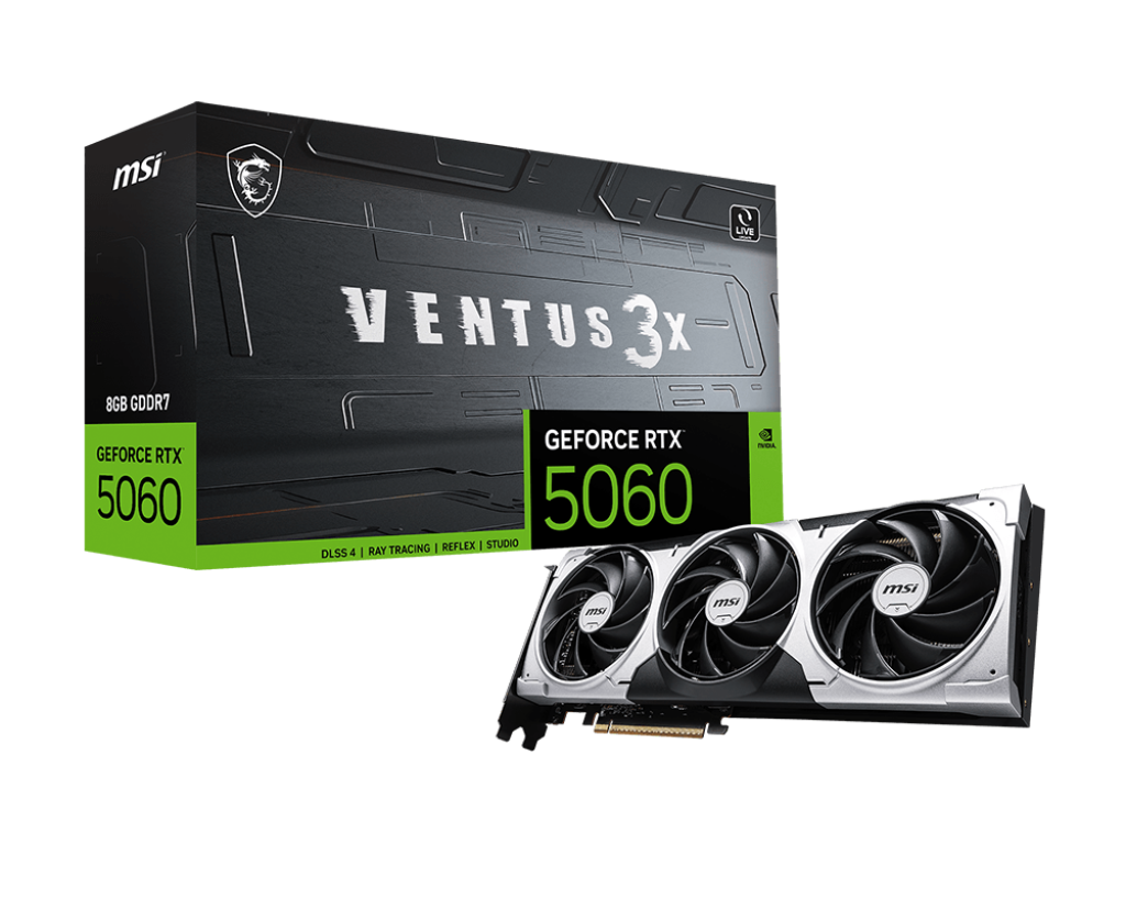 Видеокарта MSI GeForce RTX™ 5060 8G VENTUS 3X (G5060-8V3), 8ГБ GDDR7, 128-bit, 20 Гбит/с, PCI-E Gen 5 x16, черная