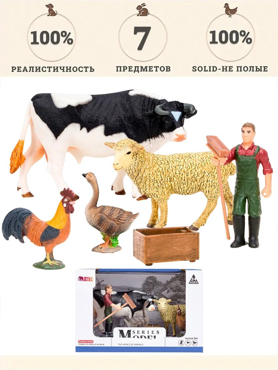 Игрушки фигурки в наборе серии "На ферме", 7 предметов (фермер, корова, овца, петух, гусь, инвентарь)