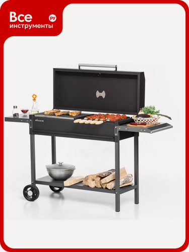 Изображение товара Гриль-мангал GRATAR МАН 305 передвижной, черный, углеродистая сталь, термостойкое покрытие, колесики, столик и три полки