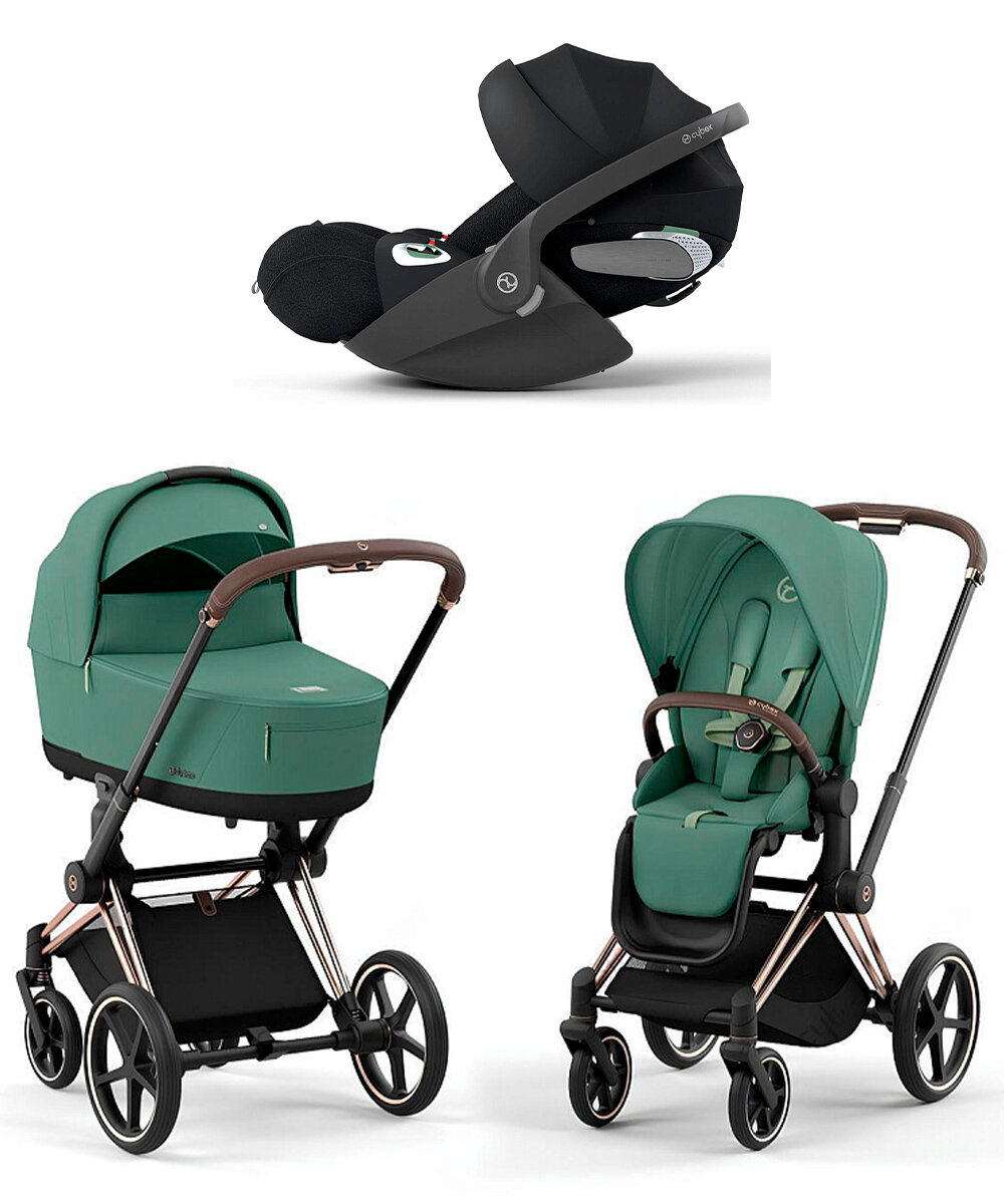 Детская универсальная коляска Cybex Priam IV Rosegold 3 в 1 Leaf Green/Sepia Black (шасси розовое золото, цвет зеленый) до 4 лет