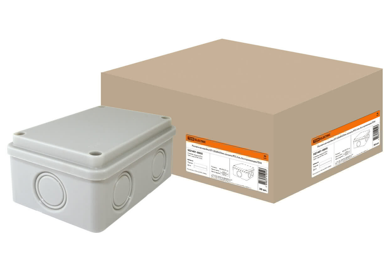Распаячная коробка ОП 120х80х50мм крышка IP55 6 вх без гермовводов TDM {SQ1401-0805}