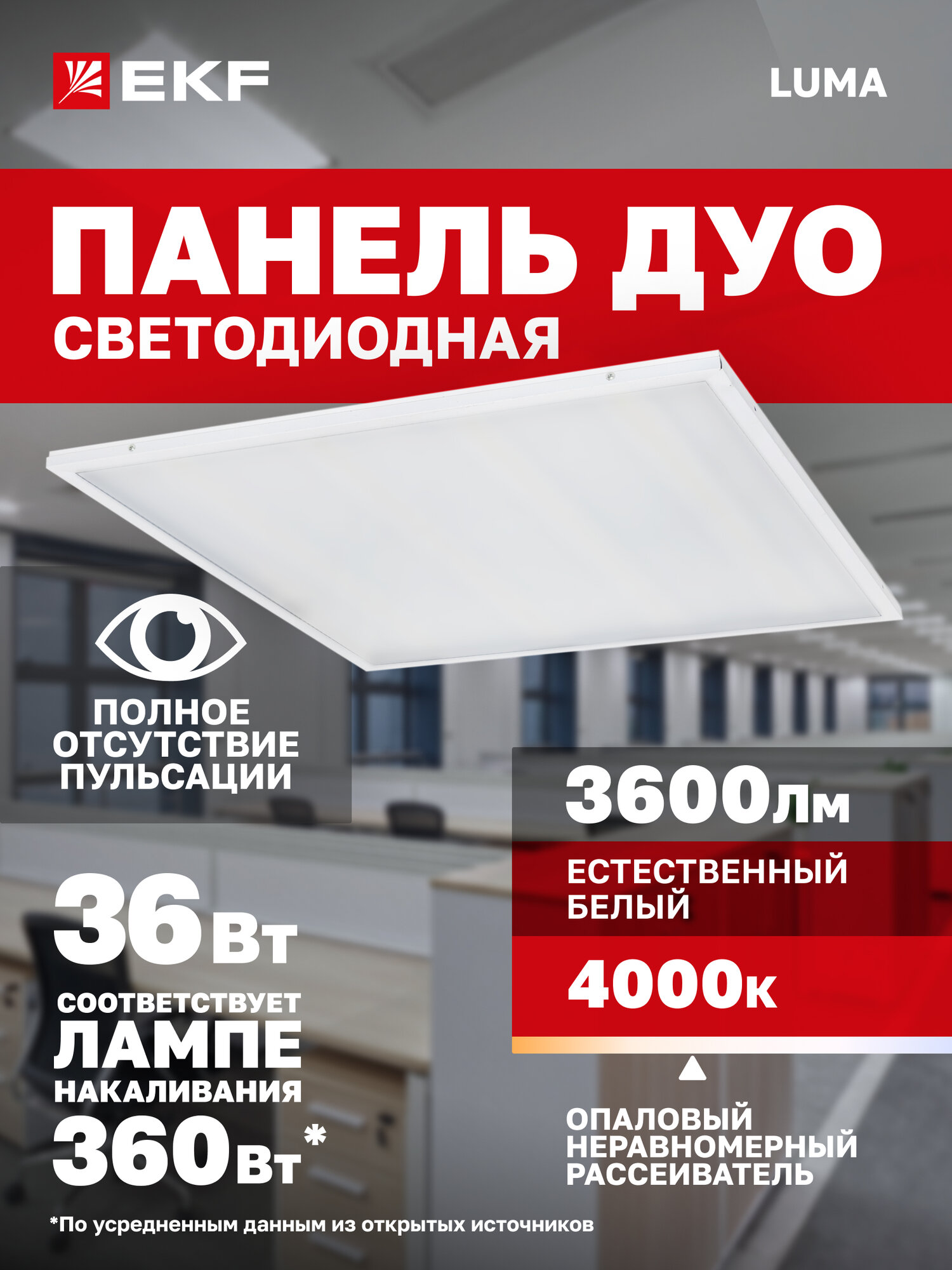 Панель светодиодная EKF LUMA (ДВО) ДУО-4103-L 36Вт 4000K IP20 рассеиватель опал