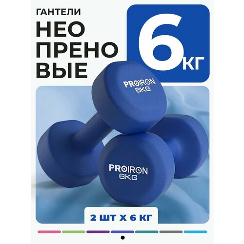 Гантели 6 кг, PROIRON, неопреновые, для фитнеса, 2 штуки