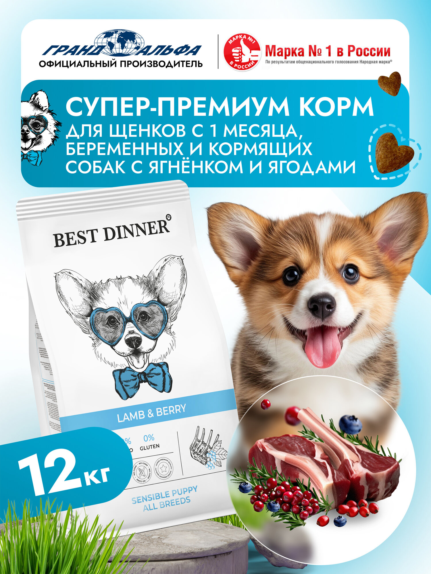 Корм сухой для щенков, кормящих и беременных собак мелких, средних и крупных пород супер премиум класса с ягненком и ягодами при чувствительном пищеварении, 12 кг Best Dinner (Бест Диннер)