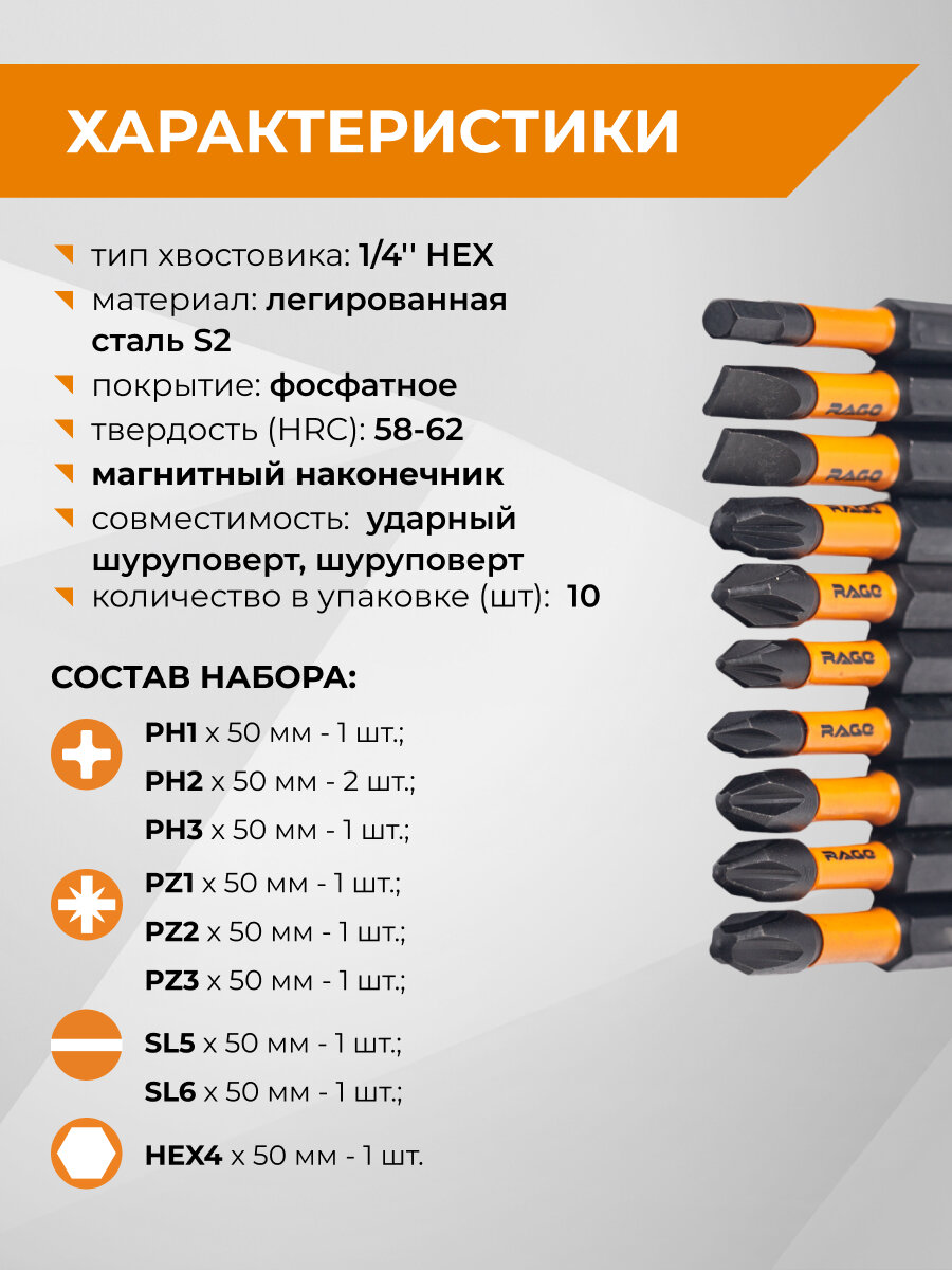 Набор бит торсионных IMPACT PH PZ SL HEX x 50 мм 10 шт RAGE by VIRA — фото 1